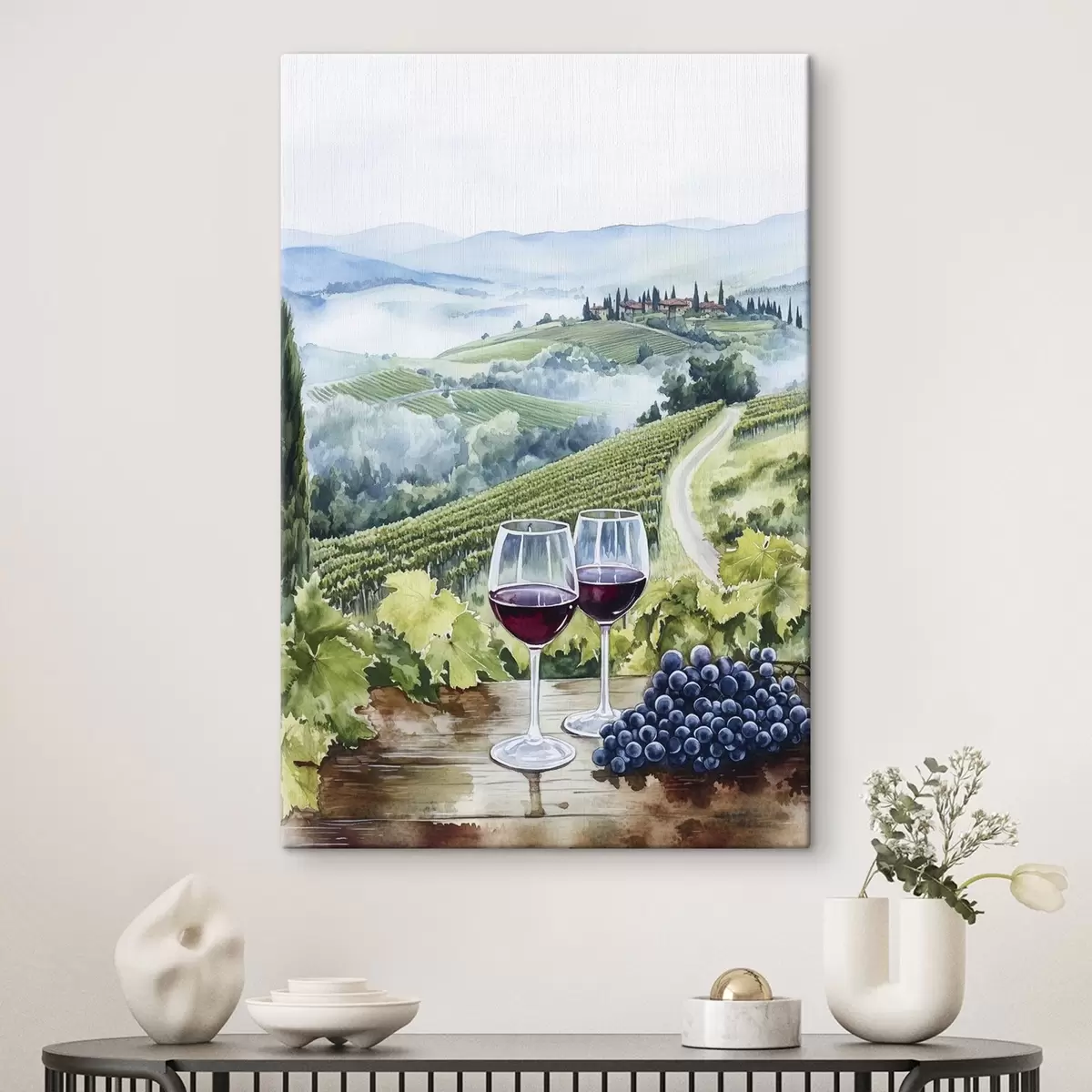 carta da parati Paesaggio toscano, cantieri d'uva, bicchieri di vino, stile acquerello nr. s42445