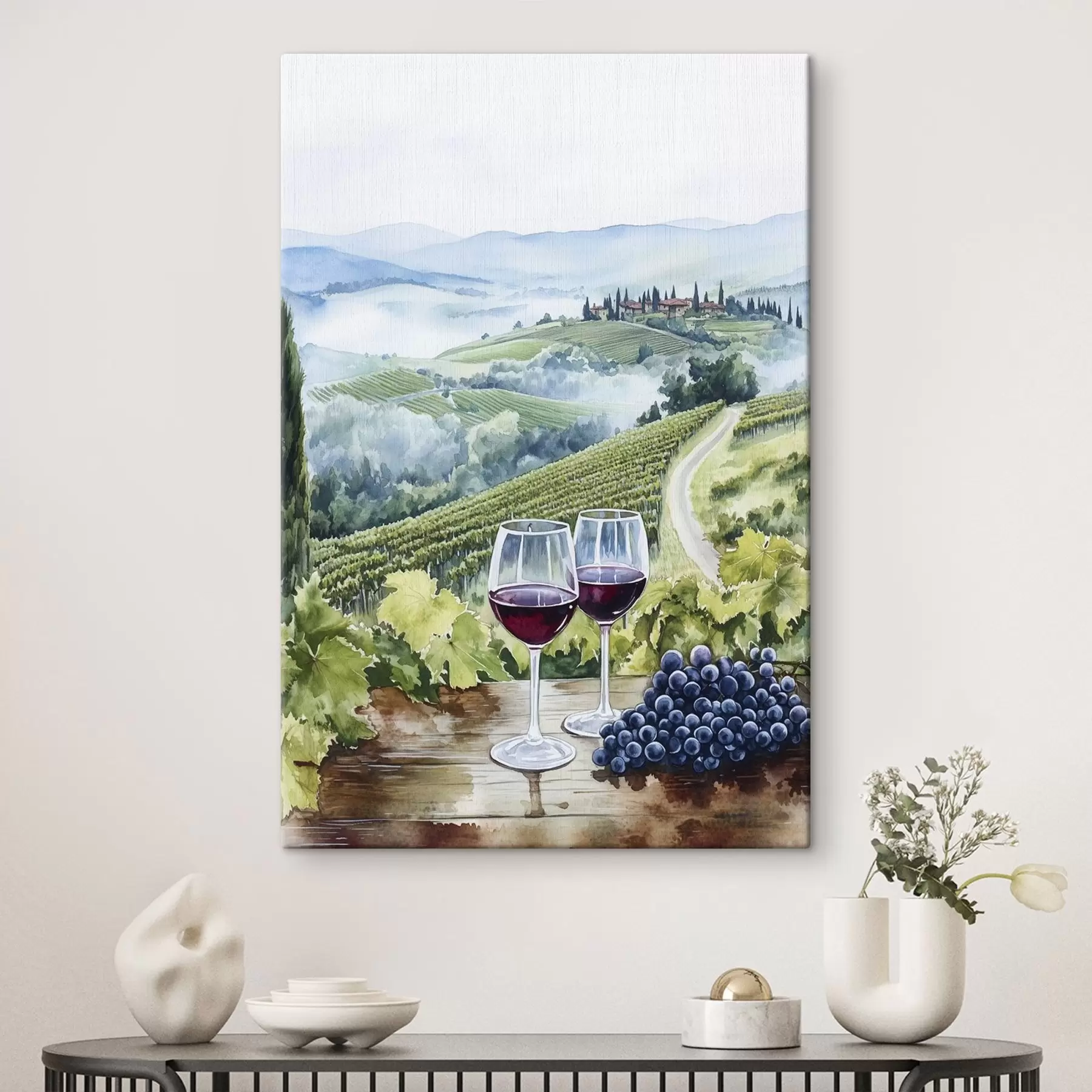 carta da parati Paesaggio toscano, cantieri d'uva, bicchieri di vino, stile acquerello nr. s42445