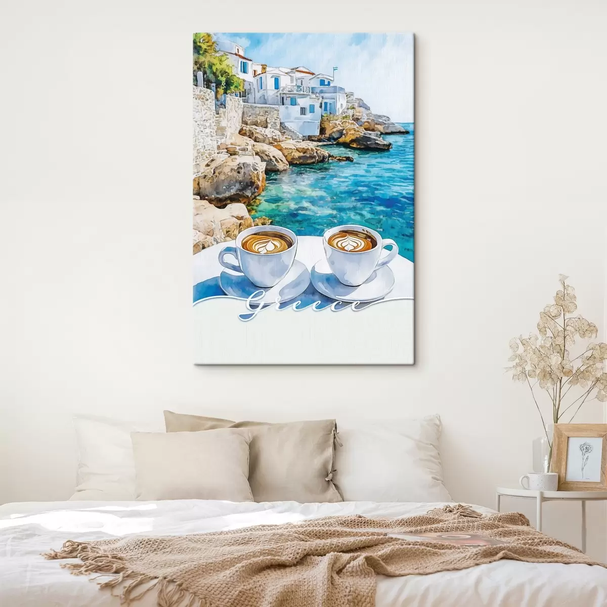 carta da parati Grecia estetica, tazze di caffè, mare blu, città vecchia, viaggio nr. s42447