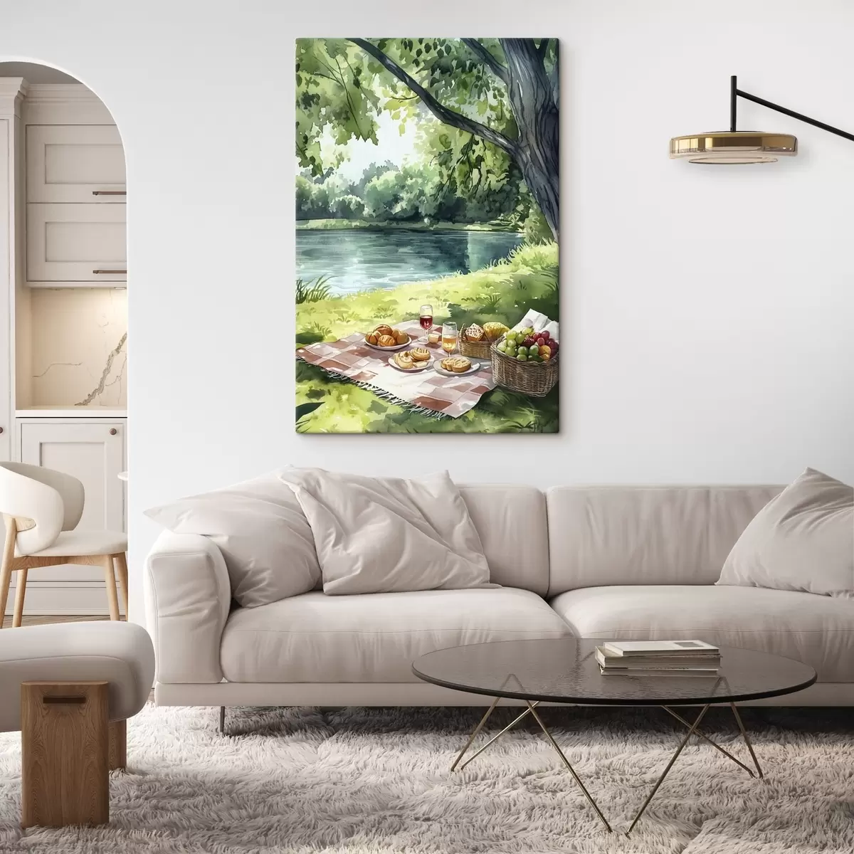 carta da parati Bellissimo picnic romantico in riva al lago d'estate, frutta e verde nr. s42451