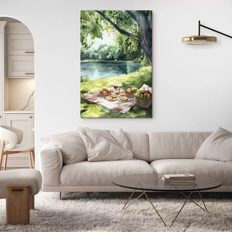 carta da parati Bellissimo picnic romantico in riva al lago d'estate, frutta e verde nr. s42451