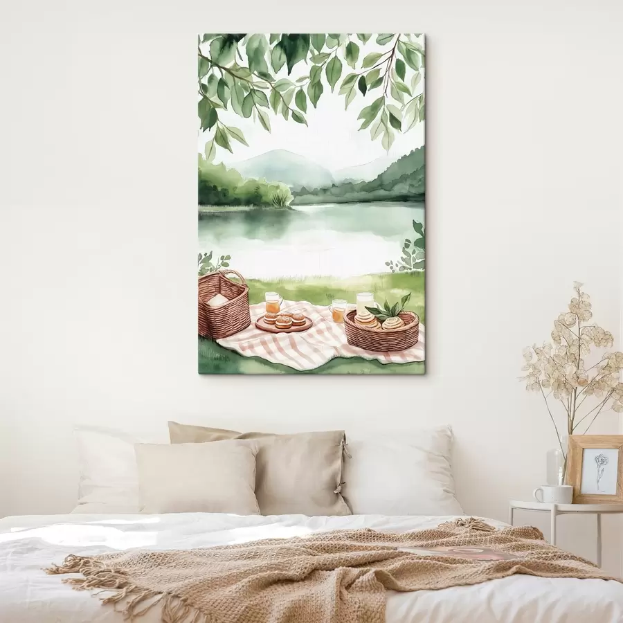 carta da parati Picnic estivo in stile acquerello, rustico, lago, verde, cesti di cibo  nr. s42452