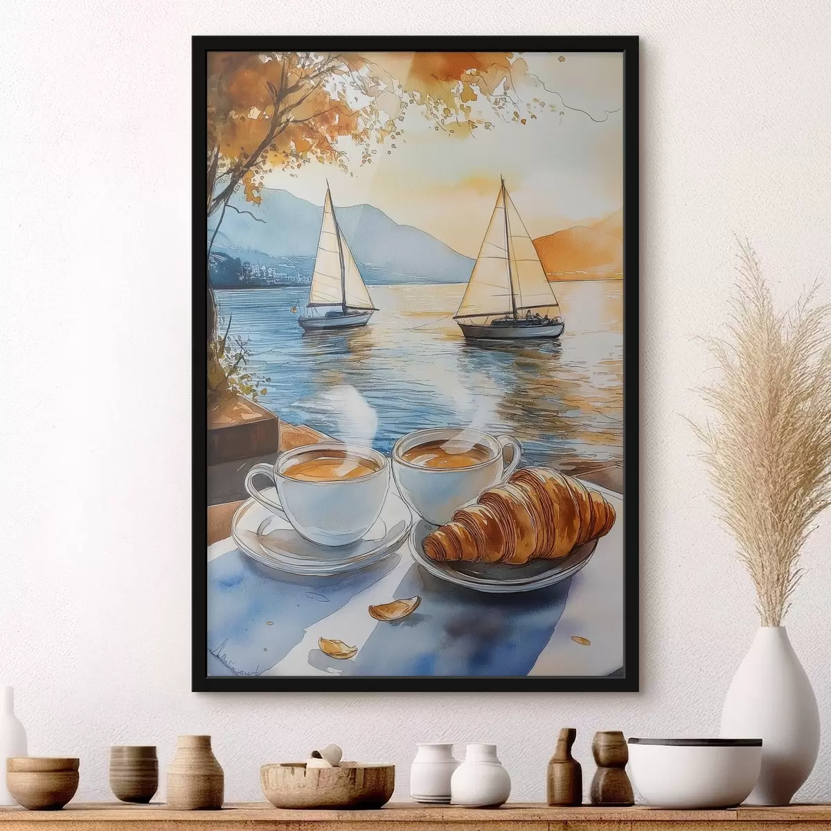 Poster Tramonto sul lago, barche a vela, tazze di caffè, stile acquerello f42442
