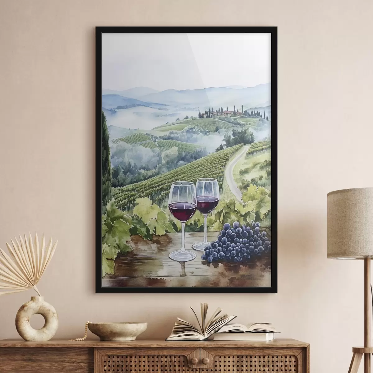 Poster Paesaggio toscano, cantieri d'uva, bicchieri di vino, stile acquerello f42445