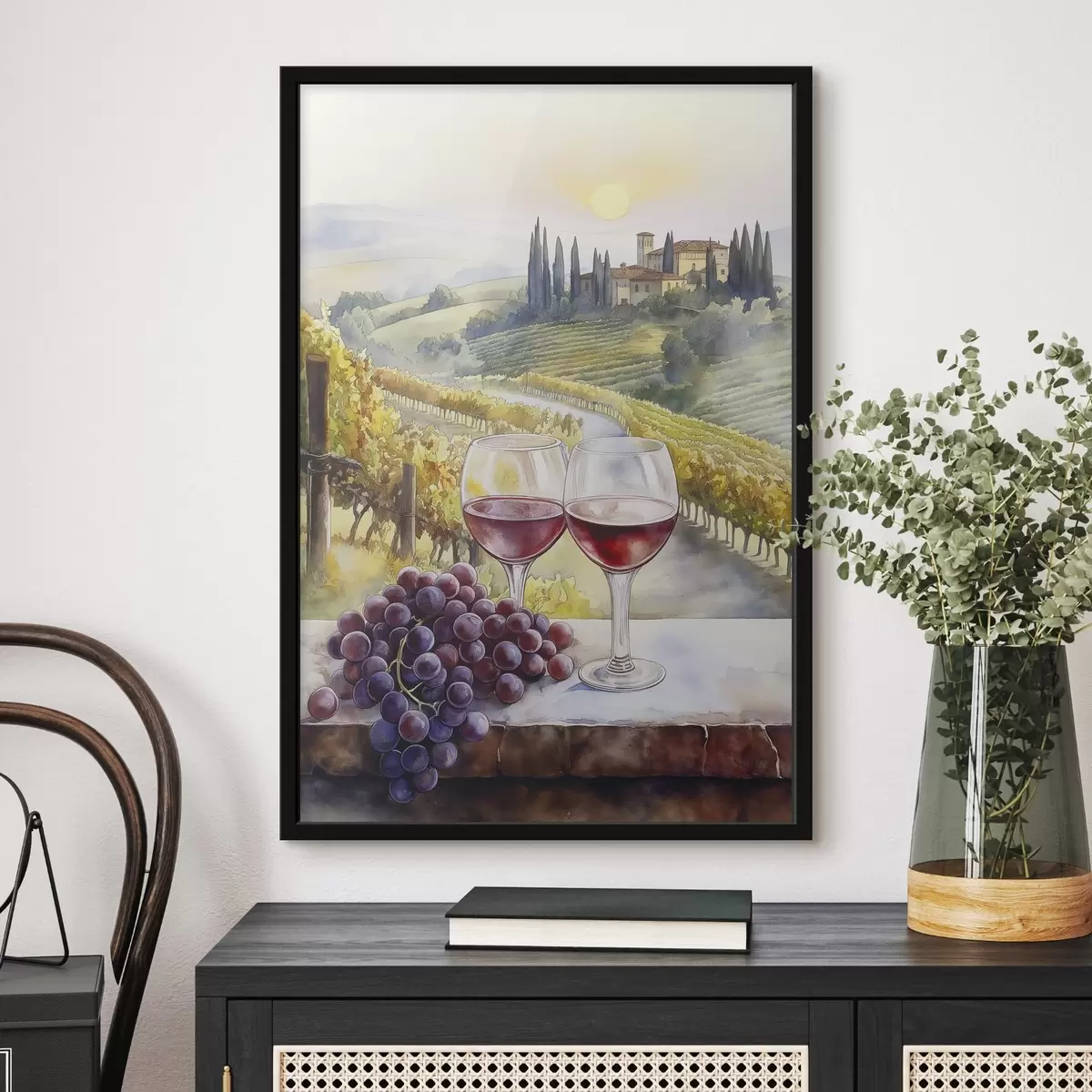 Poster Tramonto in Toscana, cantina, architettura antica, stile acquerello, Italia f42446