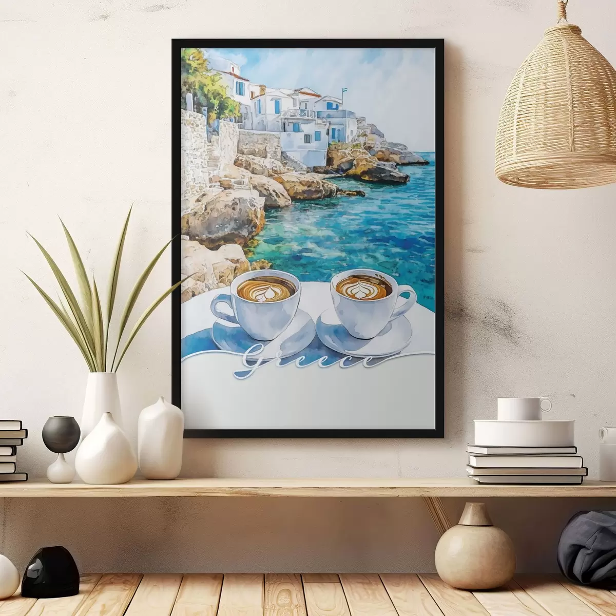 Poster Grecia estetica, tazze di caffè, mare blu, città vecchia, viaggio f42447