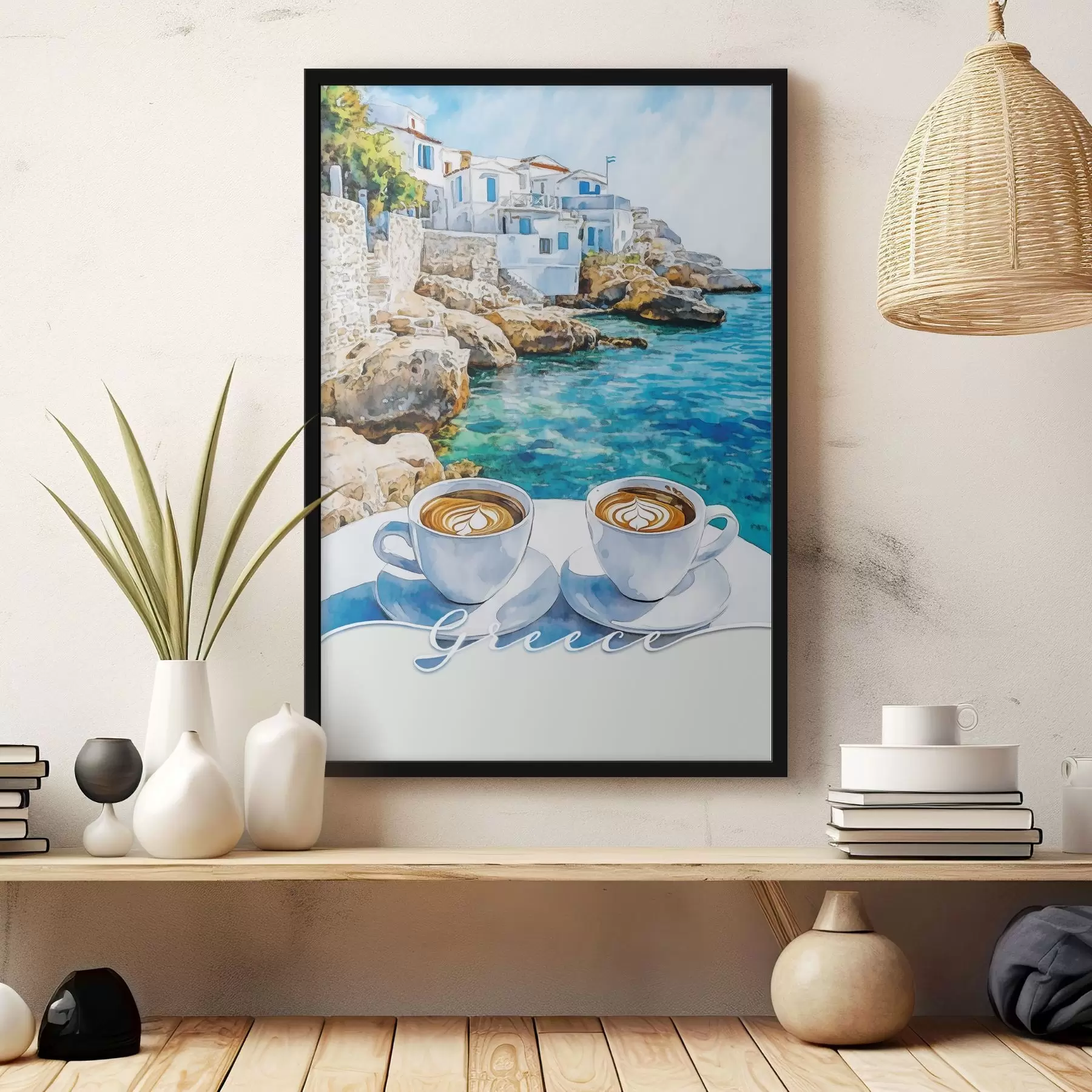 carta da parati Grecia estetica, tazze di caffè, mare blu, città vecchia, viaggio nr. f42447