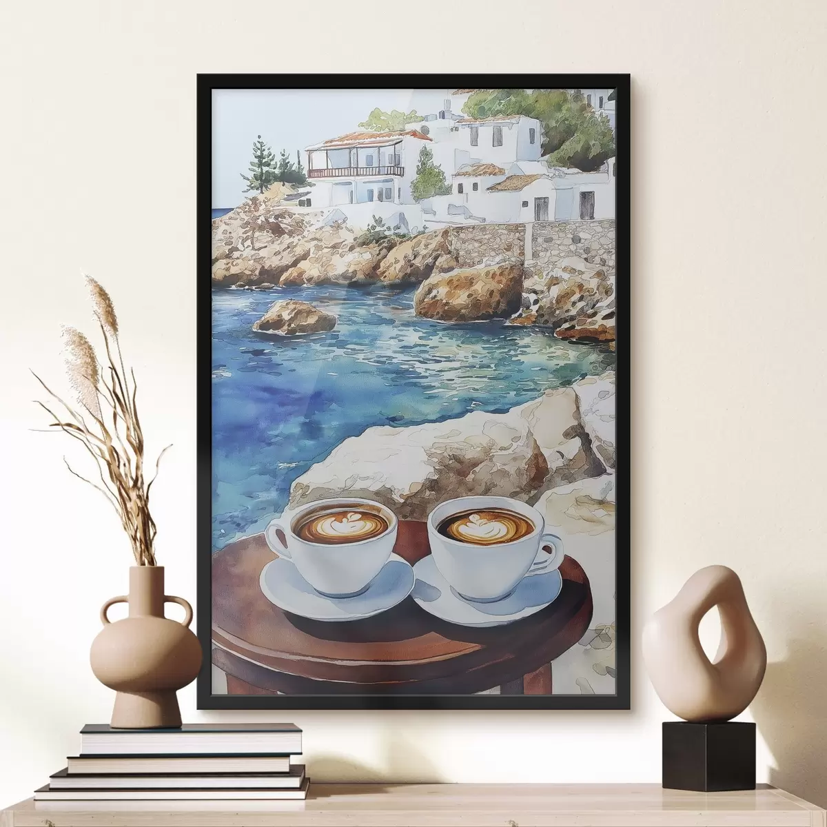 Poster Acquerello lato mare con tazze di caffè, estate f42449