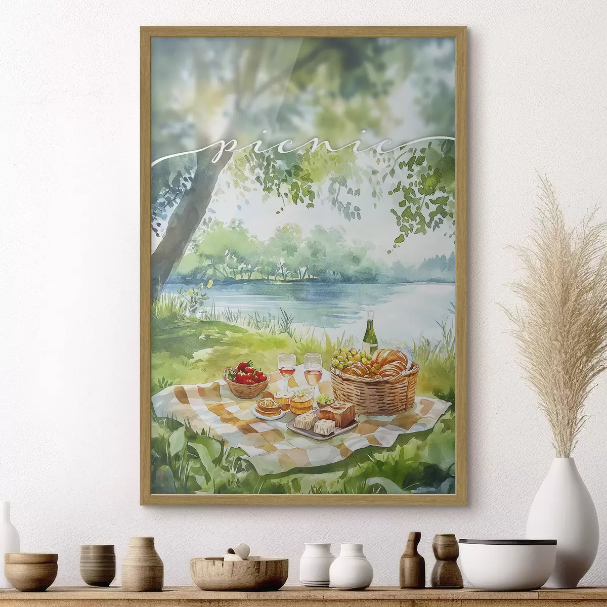 Poster Estetica del picnic, natura estiva, lago, romantico, stile acquerello f42450