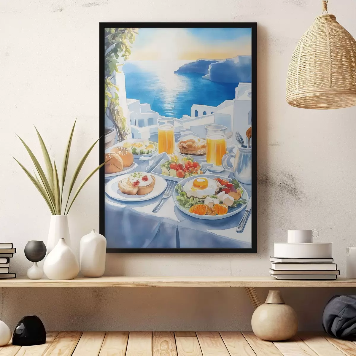 Poster Paesaggi di Santorini, colazione, stile acquerello, città vecchia f42454