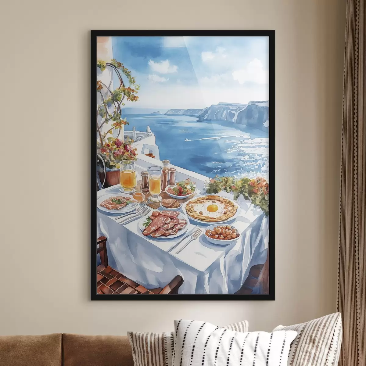 Poster Bella colazione romantica in Grecia, mare, stile acquerello f42455