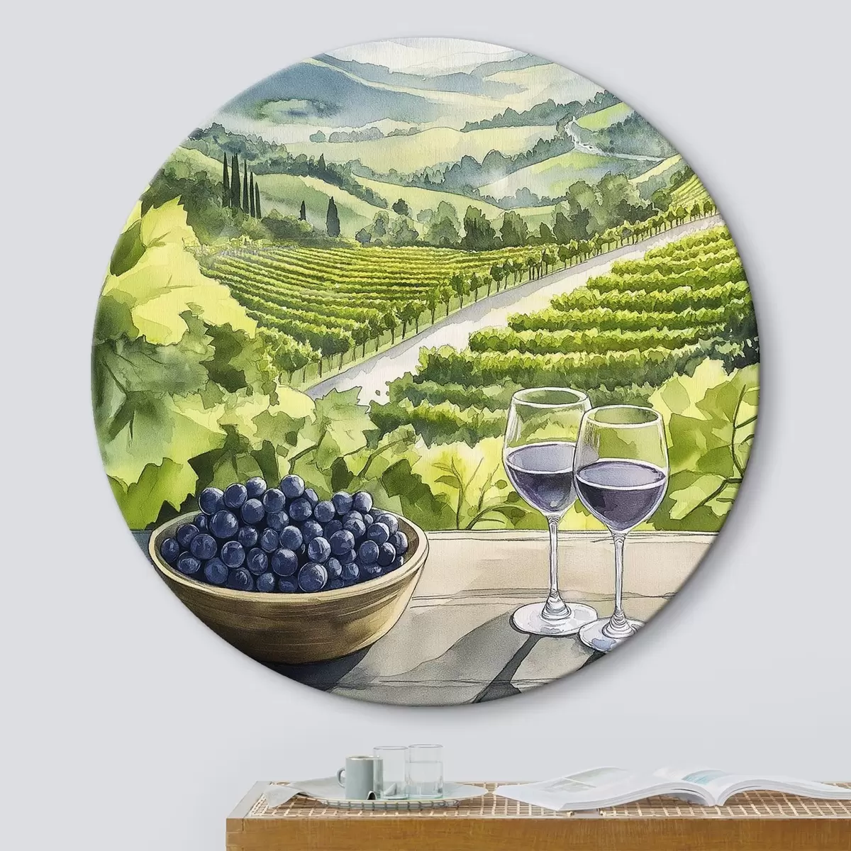 Quadri rotondi Cantieri Gpape, paesaggi in stile acquerello, bicchieri di vino r42444