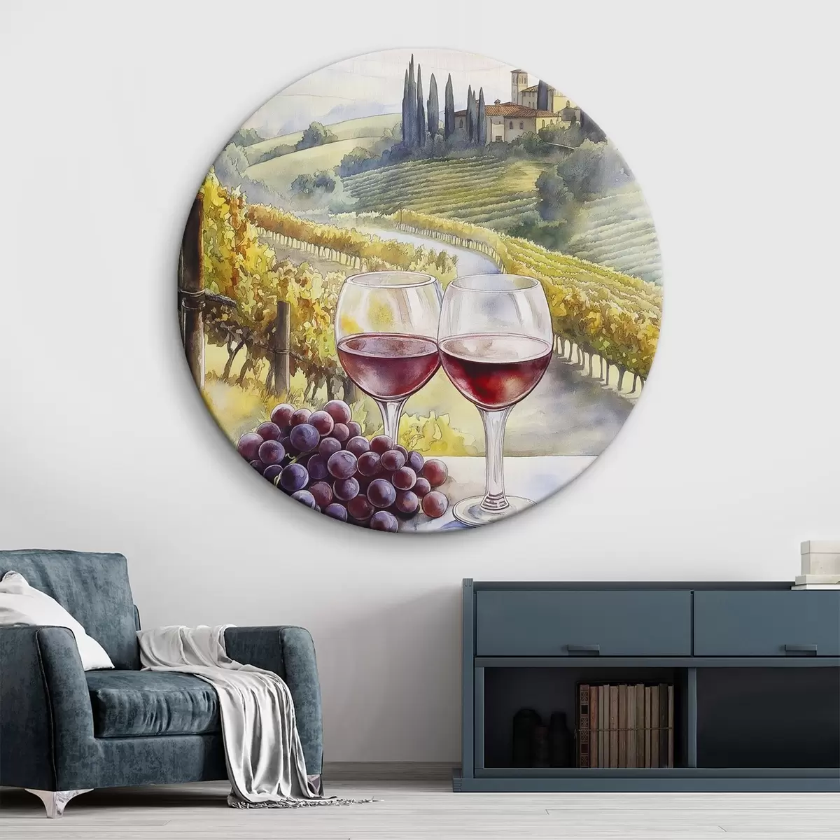 Quadri rotondi Tramonto in Toscana, cantina, architettura antica, stile acquerello, Italia r42446