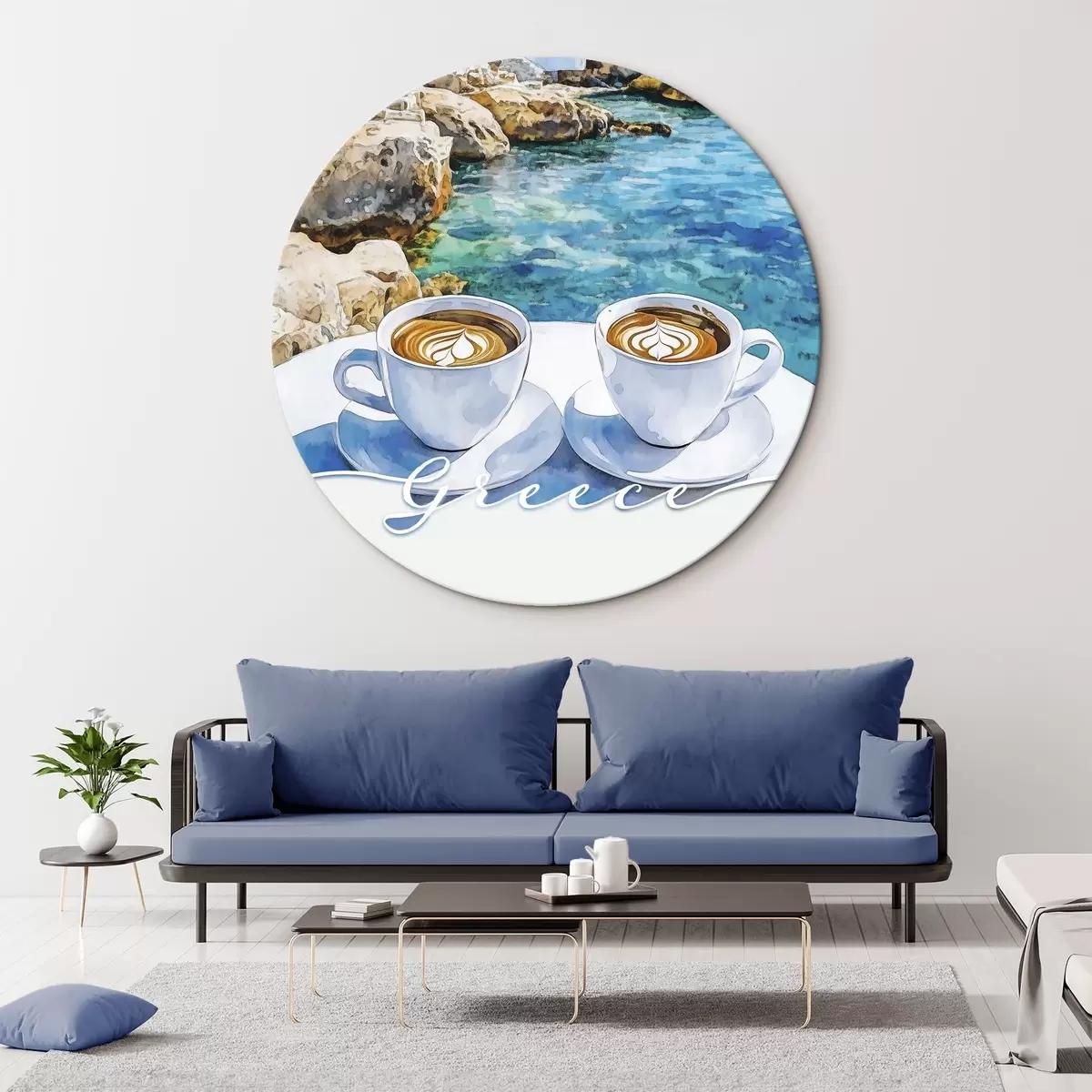 Quadri rotondi Grecia estetica, tazze di caffè, mare blu, città vecchia, viaggio r42447
