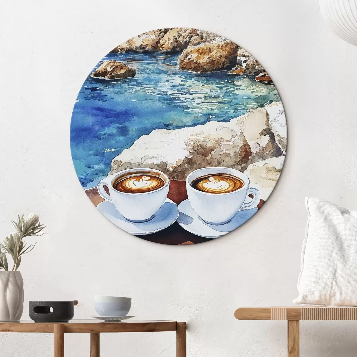 Quadri rotondi Acquerello lato mare con tazze di caffè, estate r42449