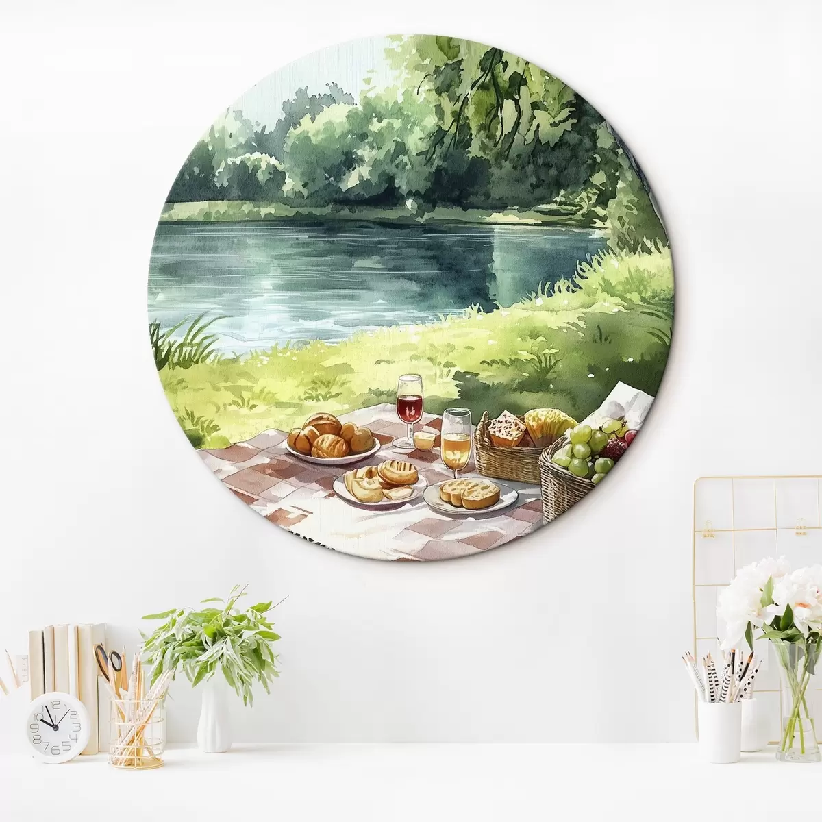 Quadri rotondi Bellissimo picnic romantico in riva al lago d'estate, frutta e verde r42451