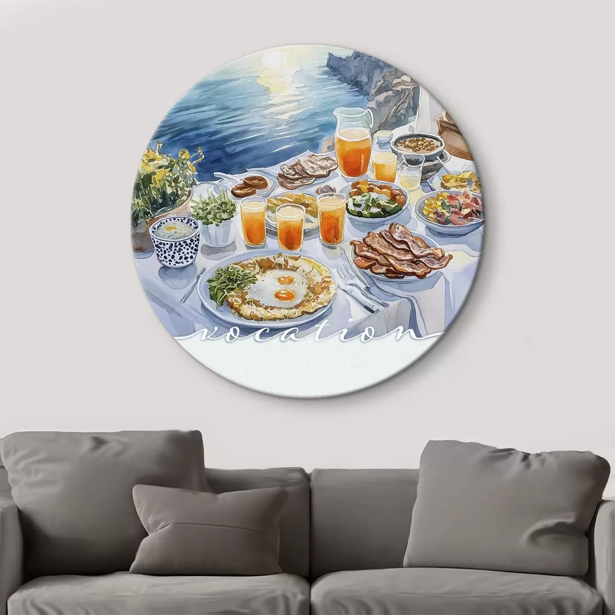 Quadri rotondi Vocazione romantica in Grecia, stile acquerello, colazione, alba r42453