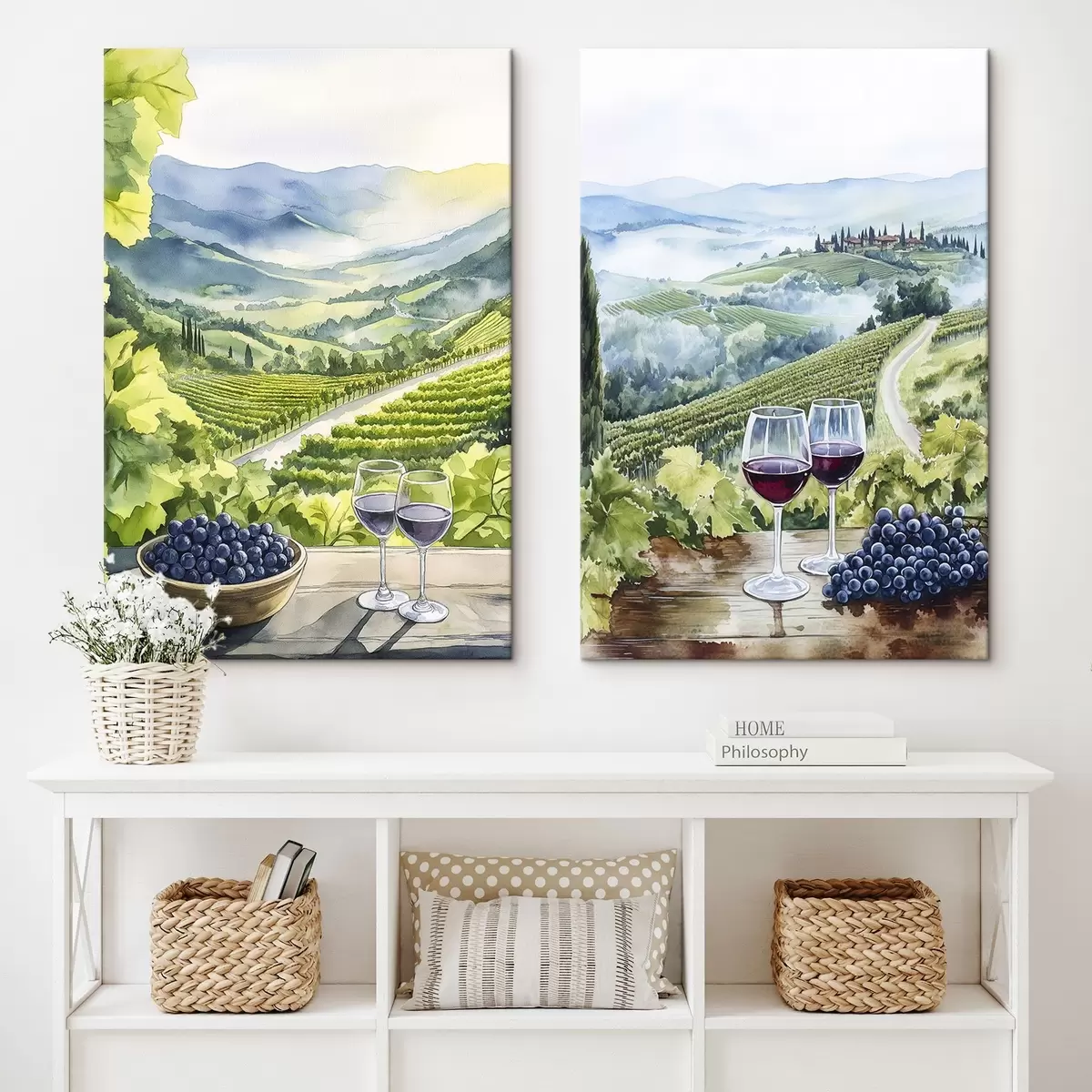 carta da parati Bellissimi paesaggi toscani, cantieri d'uva, bicchieri di vino, stile acquerello, Italia nr. m00408