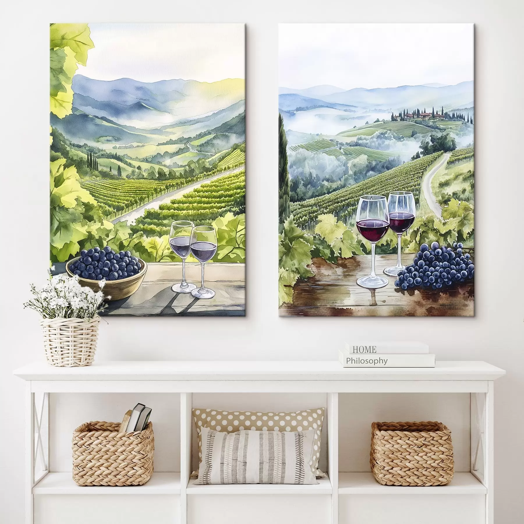 carta da parati Bellissimi paesaggi toscani, cantieri d'uva, bicchieri di vino, stile acquerello, Italia nr. m00408