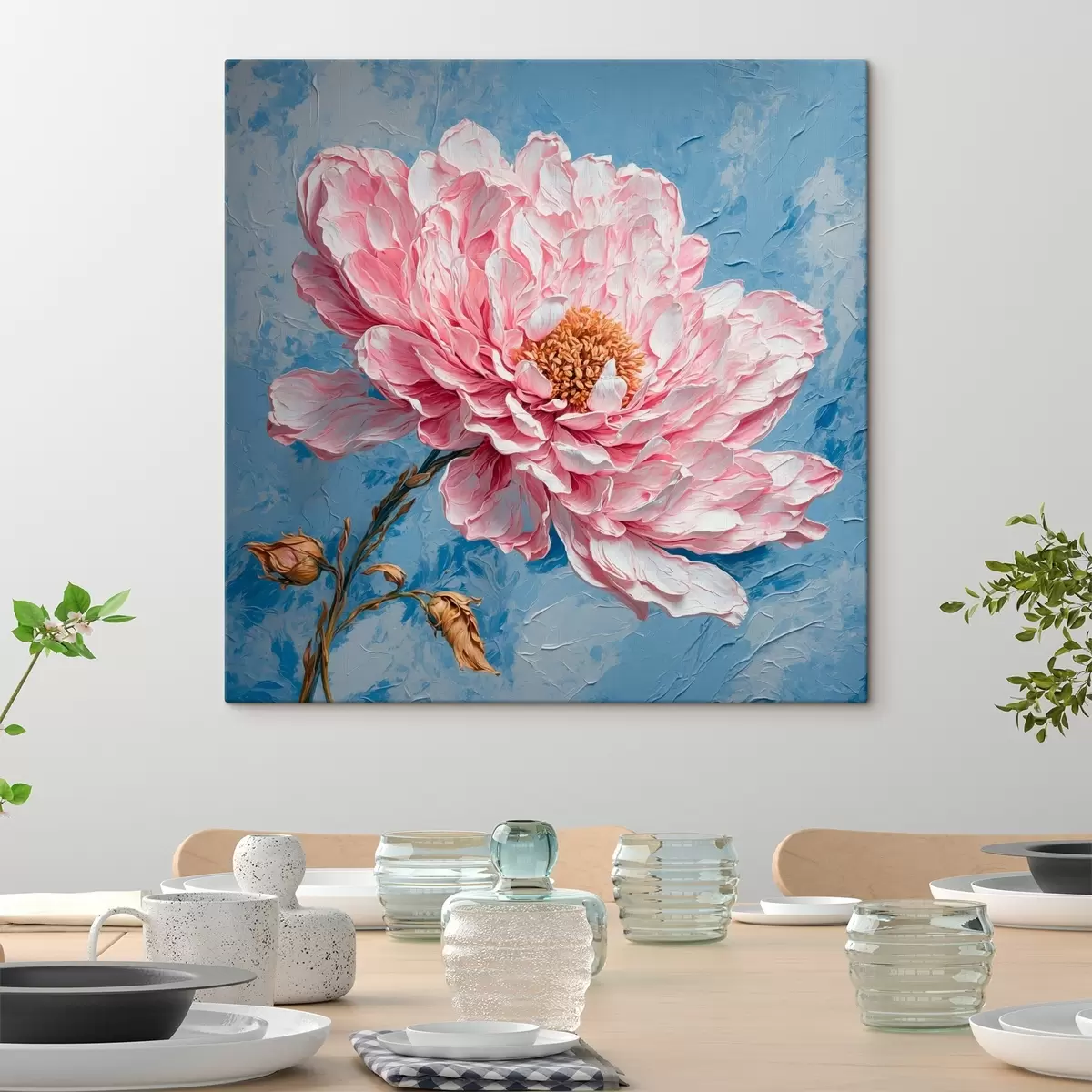 carta da parati Fiore rosa su sfondo blu in stile pittura ad olio nr. s42537