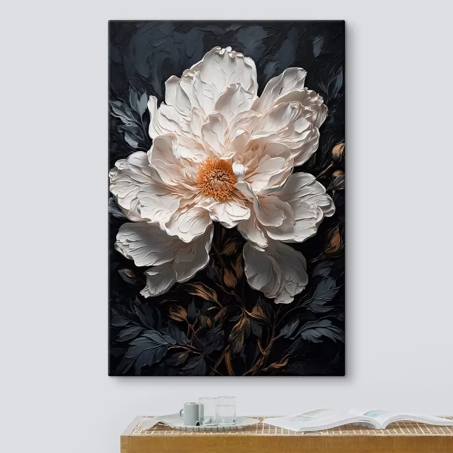 carta da parati Fiore bianco su sfondo nero in stile pittura ad olio nr. s42544