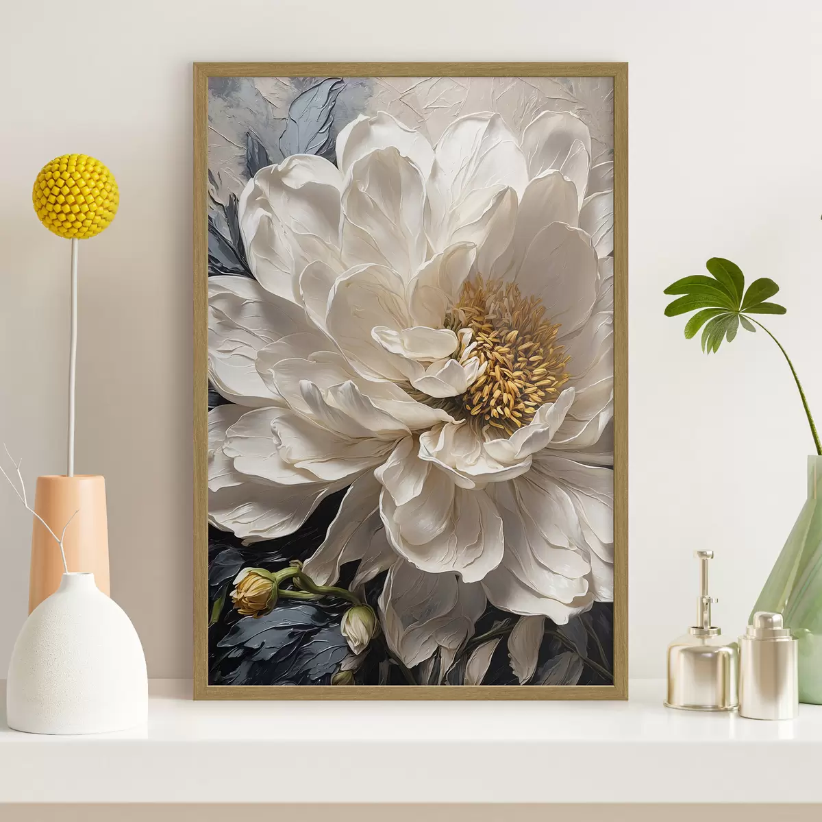 Poster Fiore bianco su sfondo blu-beige f42523