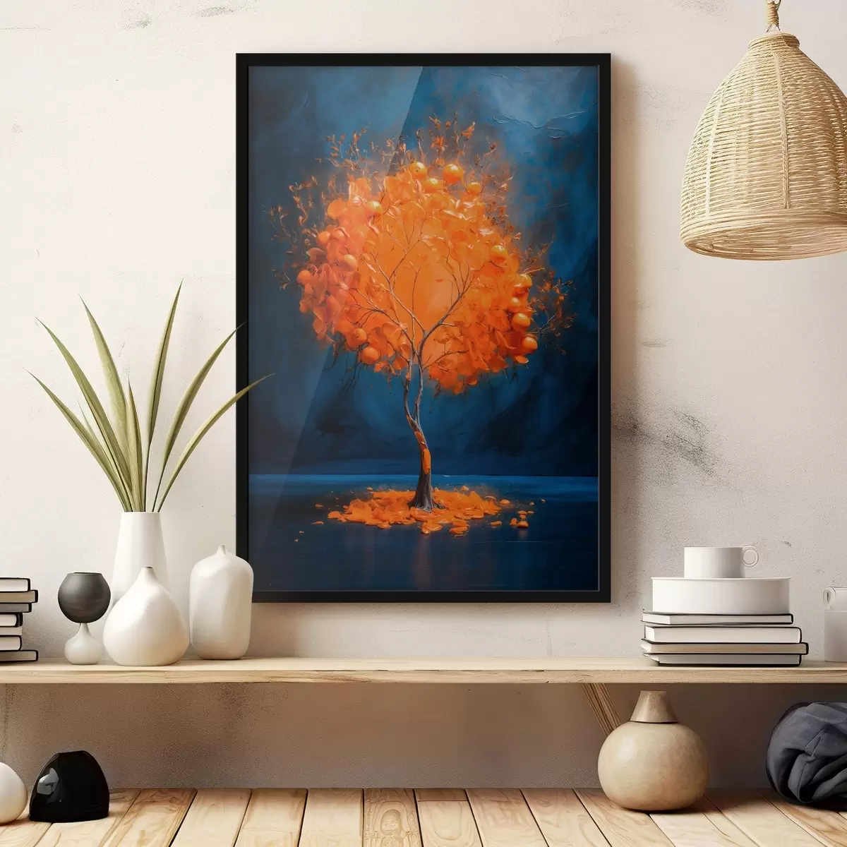 Poster Albero arancione su sfondo blu in stile pittura acrilica f42525