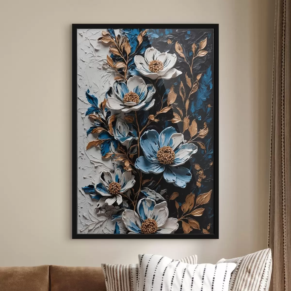 Poster Fiori e steli su sfondo bianco e nero in stile pittura ad olio f42532