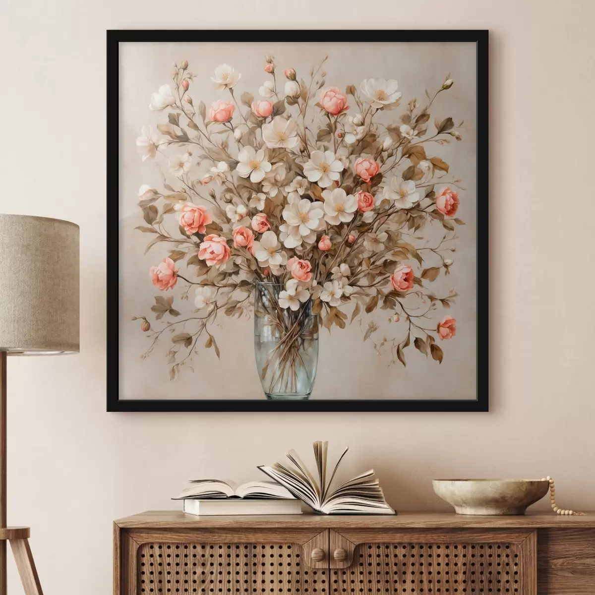 Poster Fiori in vaso trasparente su sfondo beige f42534