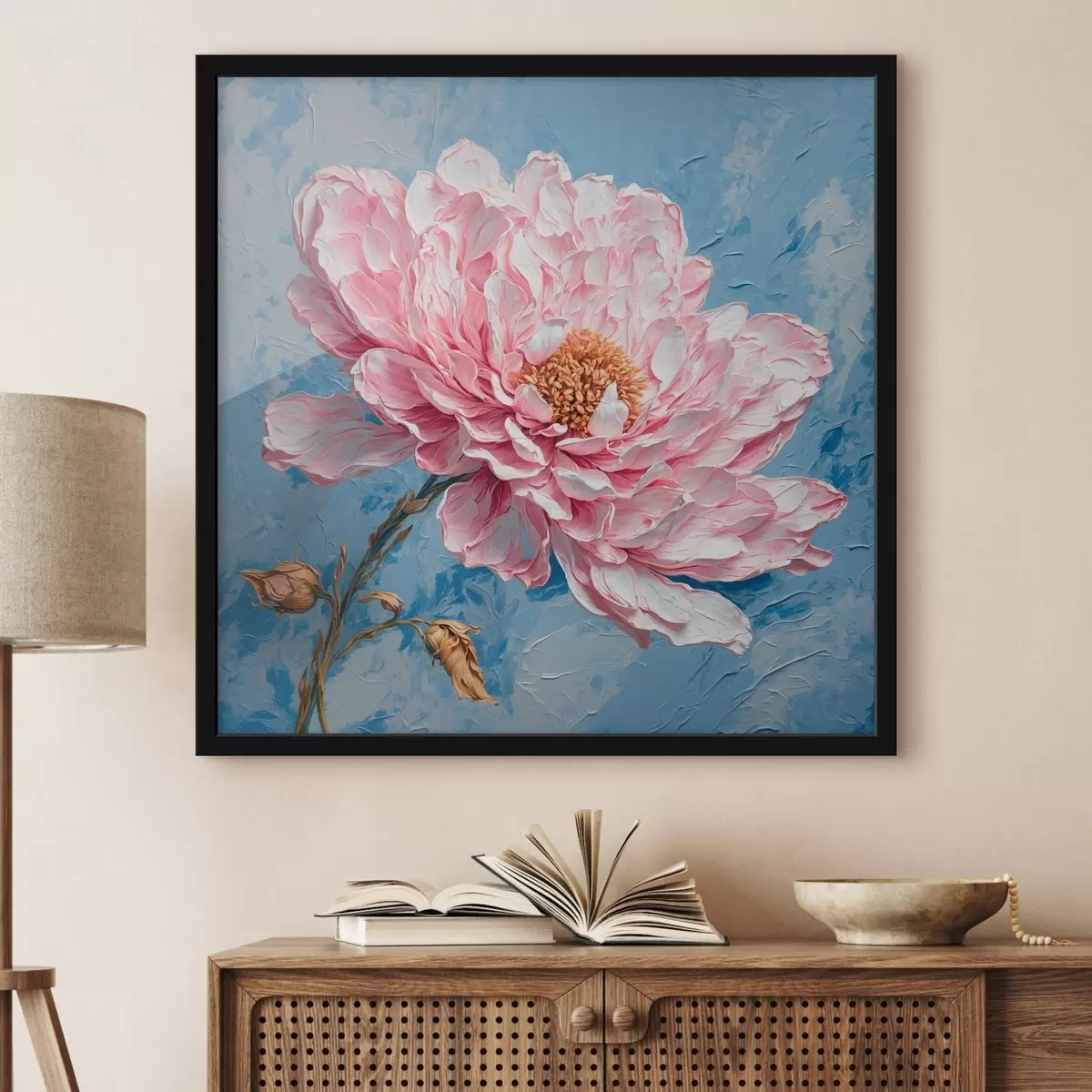 Poster Fiore rosa su sfondo blu in stile pittura ad olio f42537
