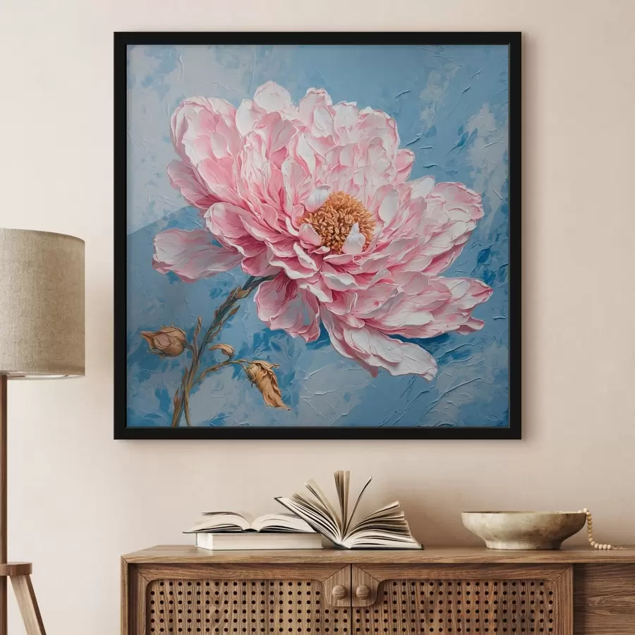 carta da parati Fiore rosa su sfondo blu in stile pittura ad olio nr. f42537