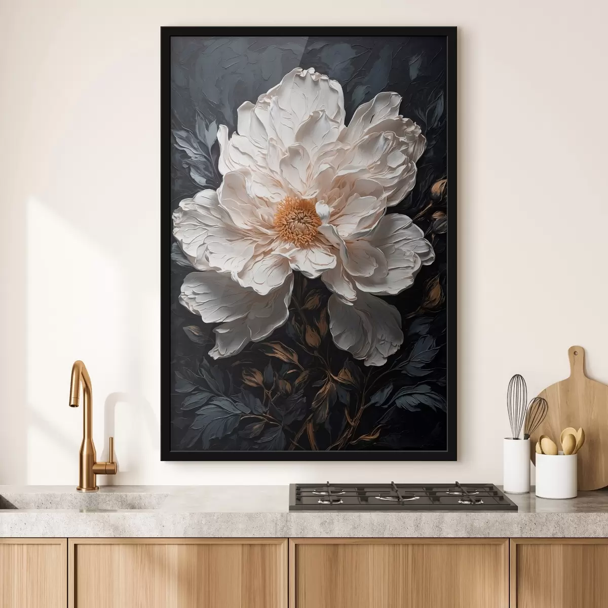 Poster Fiore bianco su sfondo nero in stile pittura ad olio f42544