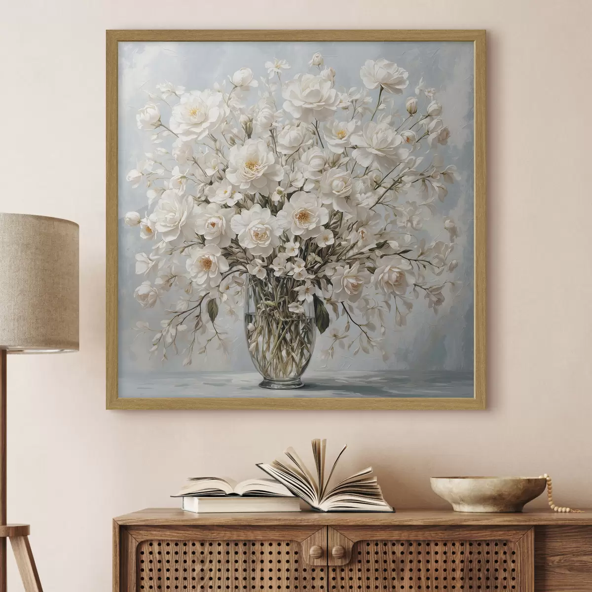 Poster Fiori bianchi in vaso trasparente in stile pittura acrilica f42545