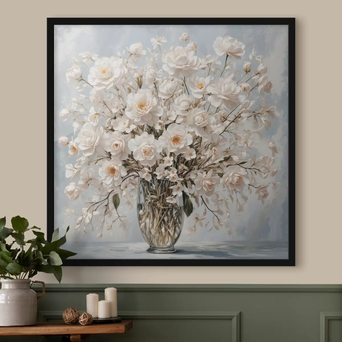 Poster Fiori bianchi in vaso trasparente in stile pittura acrilica f42545