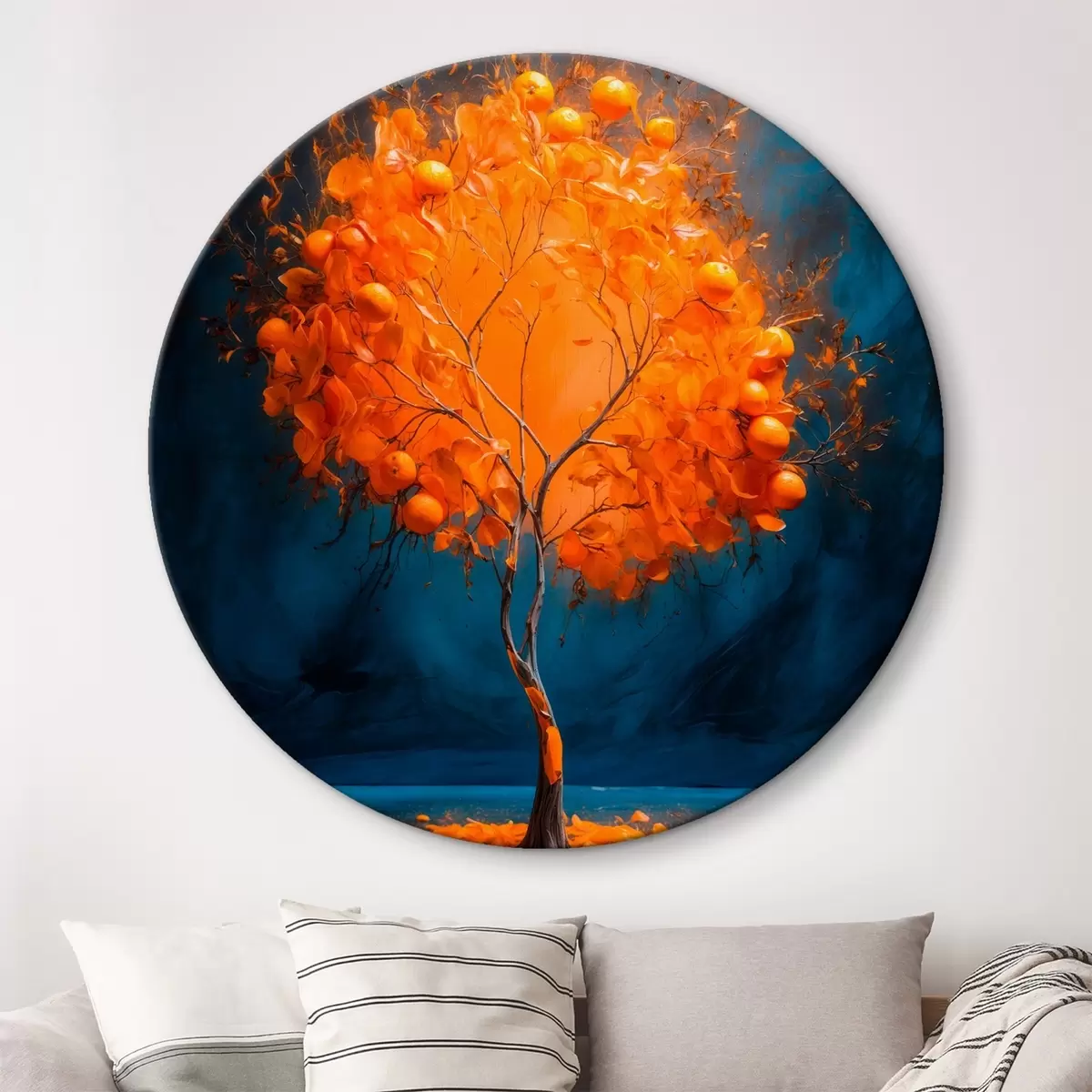 Quadri rotondi Albero arancione su sfondo blu in stile pittura acrilica r42525