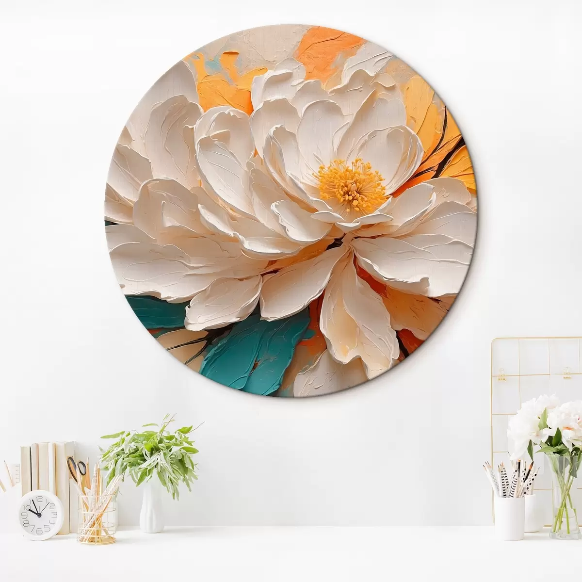 Quadri rotondi Fiore bianco in stile pittura ad olio r42528
