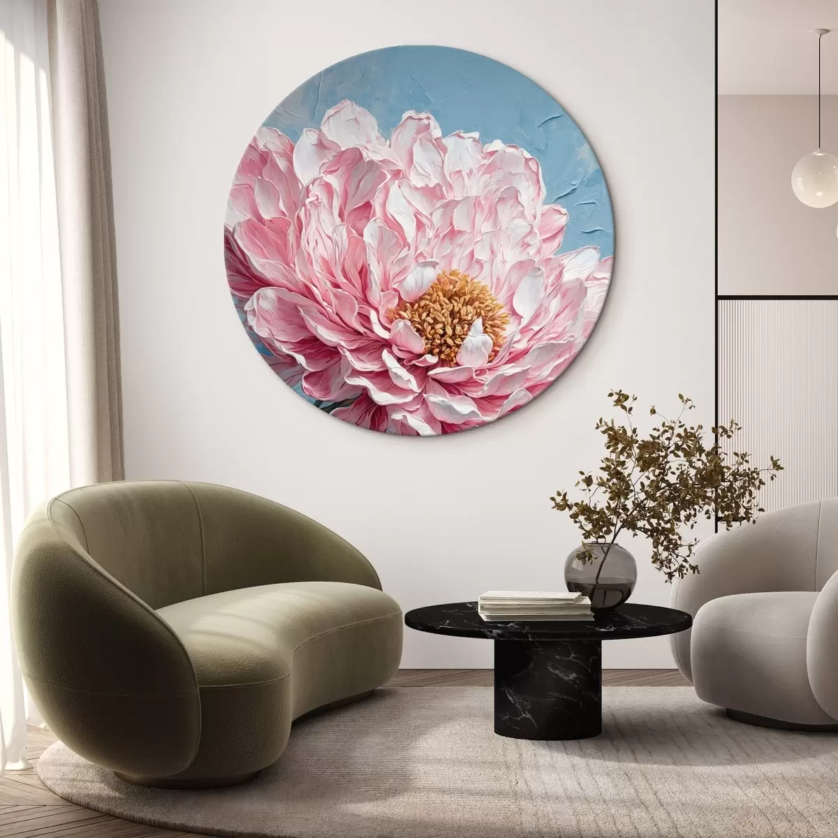 Quadri rotondi Fiore rosa su sfondo blu in stile pittura ad olio r42537