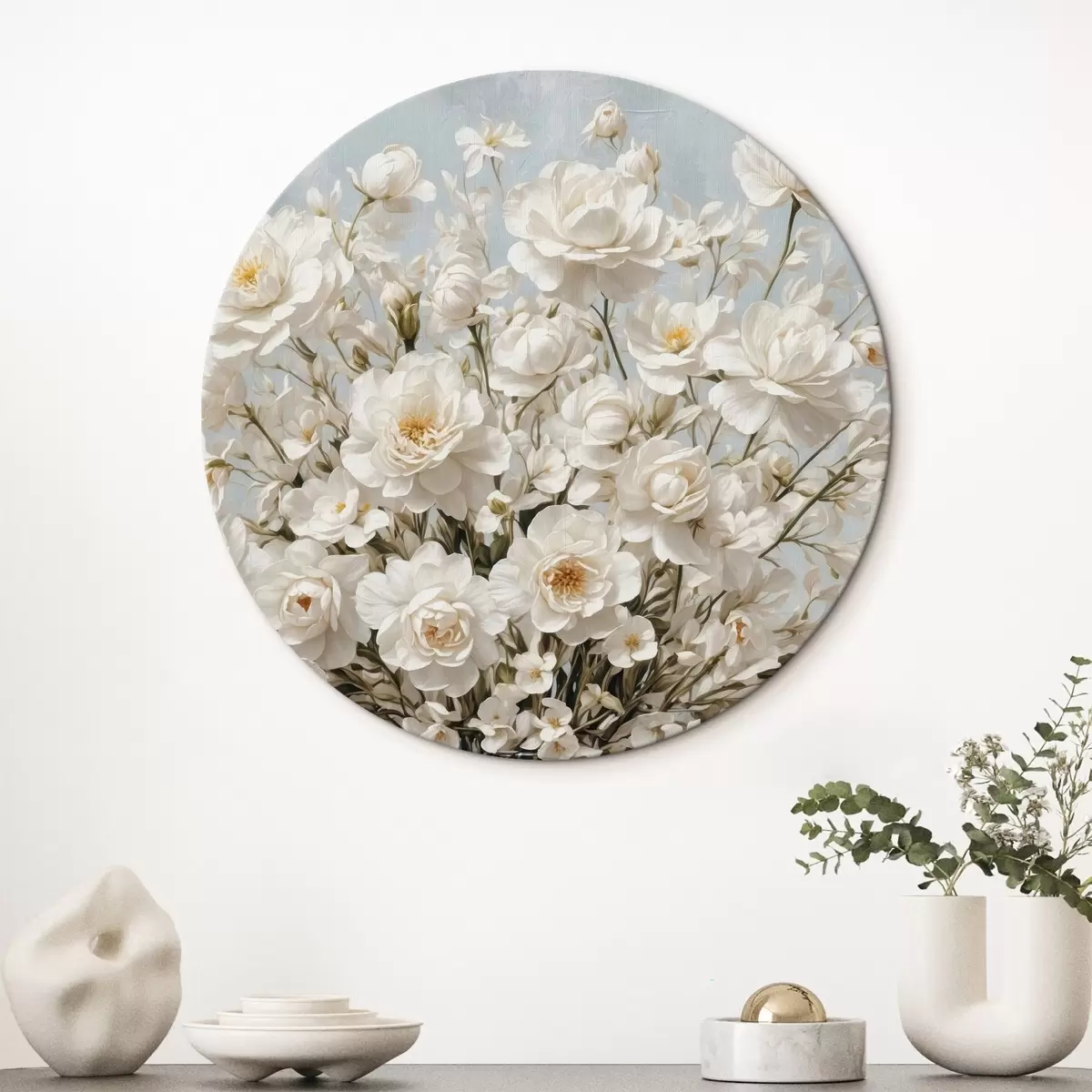 Quadri rotondi Fiori bianchi in vaso trasparente in stile pittura acrilica r42545