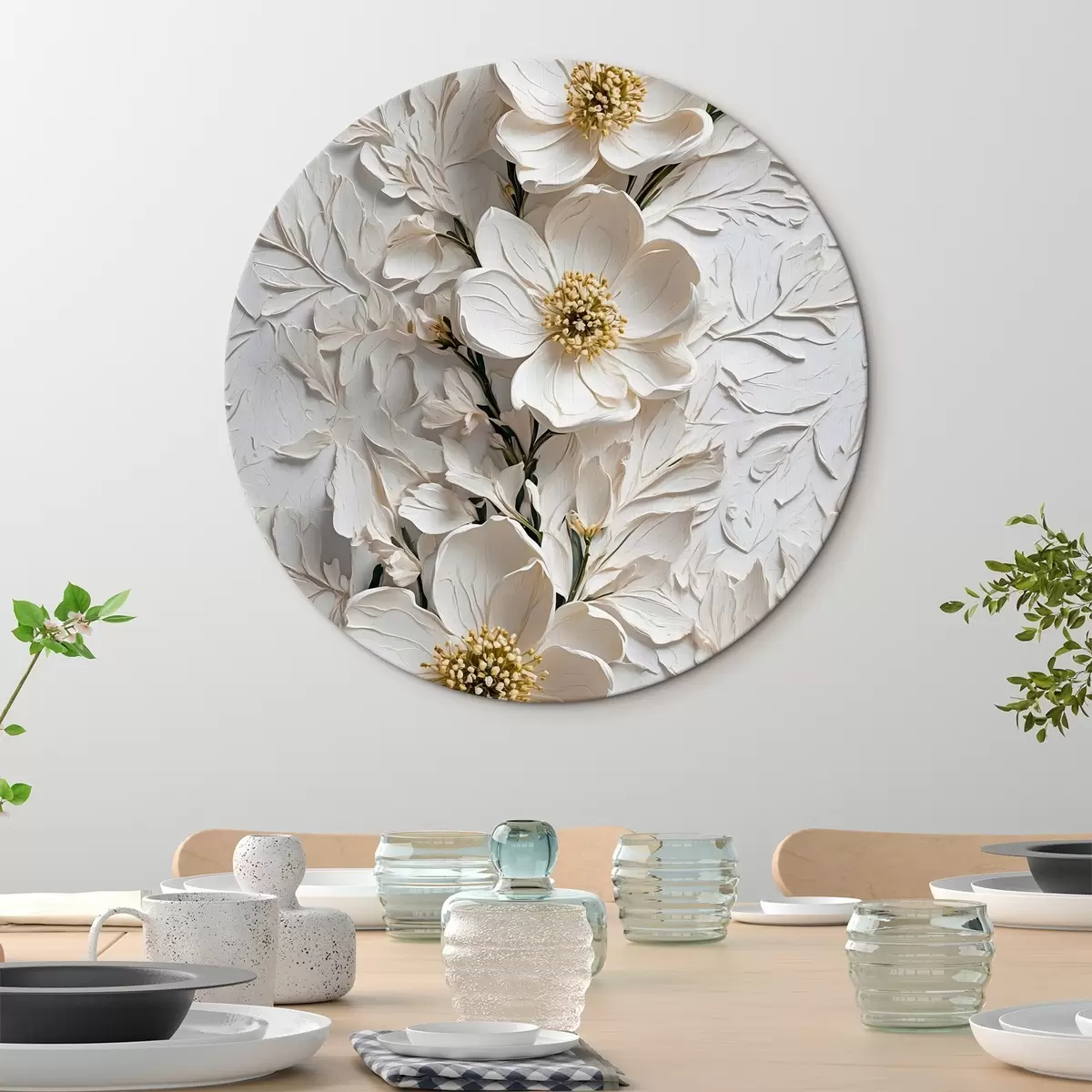 Quadri rotondi Fiori e steli bianchi in stile pittura ad olio r42546