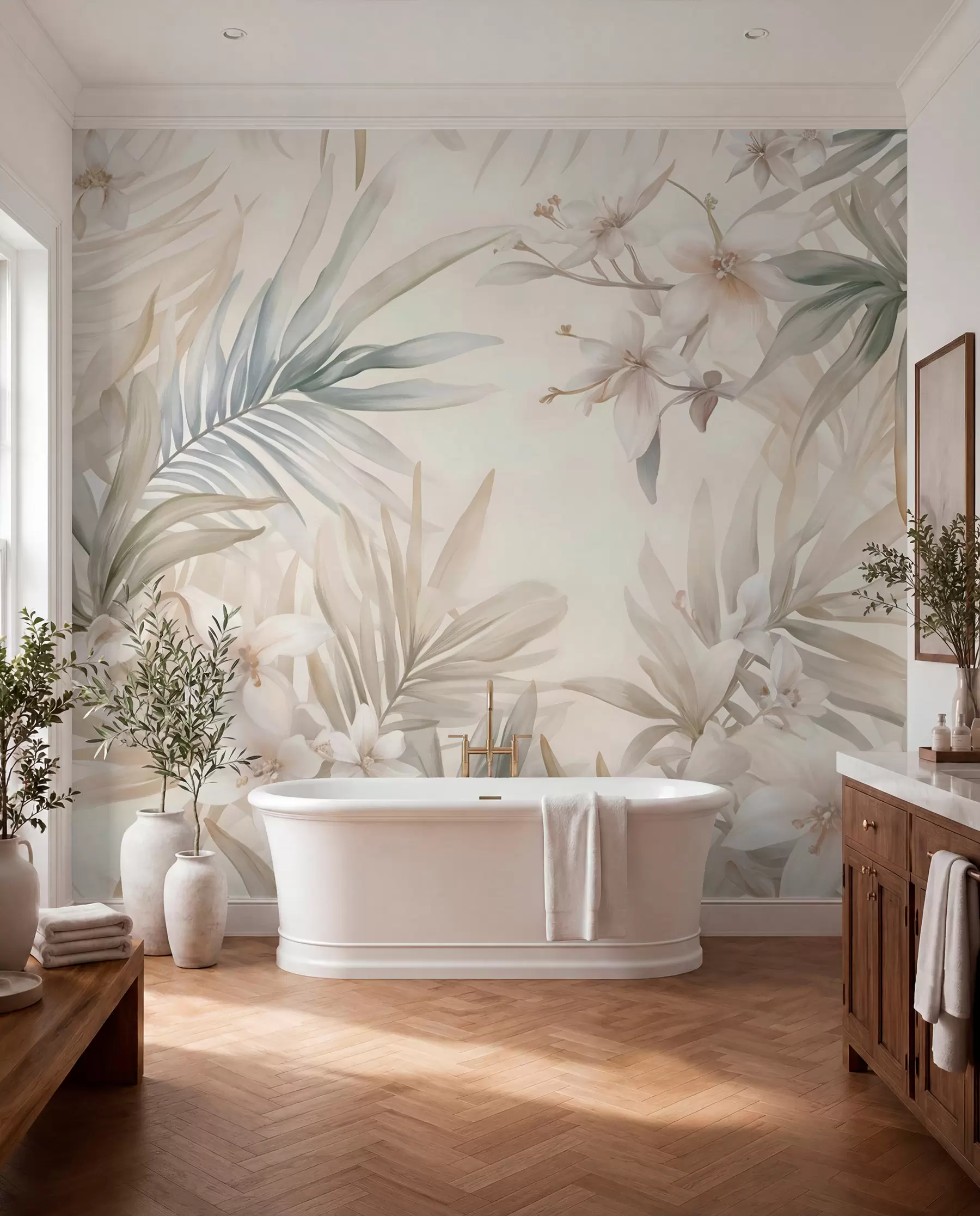 Carta da parati nature Foglie e fiori tropicali dai colori pastello, caratterizzati da verdi chiari, creme e rosa tenui 