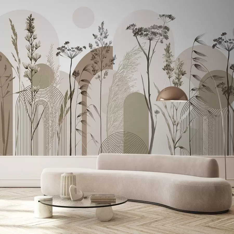 carta da parati Una collezione di piante e fiori dai toni neutri su uno sfondo ad arco astratto dalle tonalità tenui del beige e del marrone nr. w08665