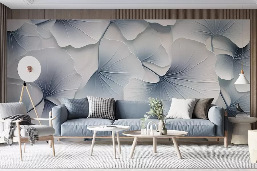 Carta da parati nature Foglie di ginkgo azzurro con sfumature morbide e venature delicate, sovrapposte l'una all'altra  