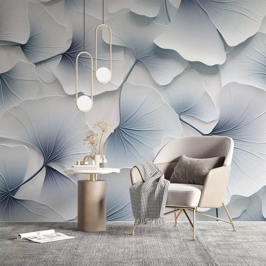Carta da parati nature Foglie di ginkgo azzurro con sfumature morbide e venature delicate, sovrapposte l'una all'altra  