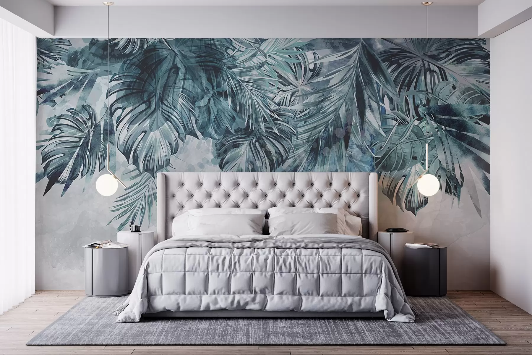 Carta da parati Tropici della Foresta Foglie tropicali nei toni dell'azzurro e del verde, che scendono a cascata dall'alto, su uno sfondo chiaro e strutturato n. w08667