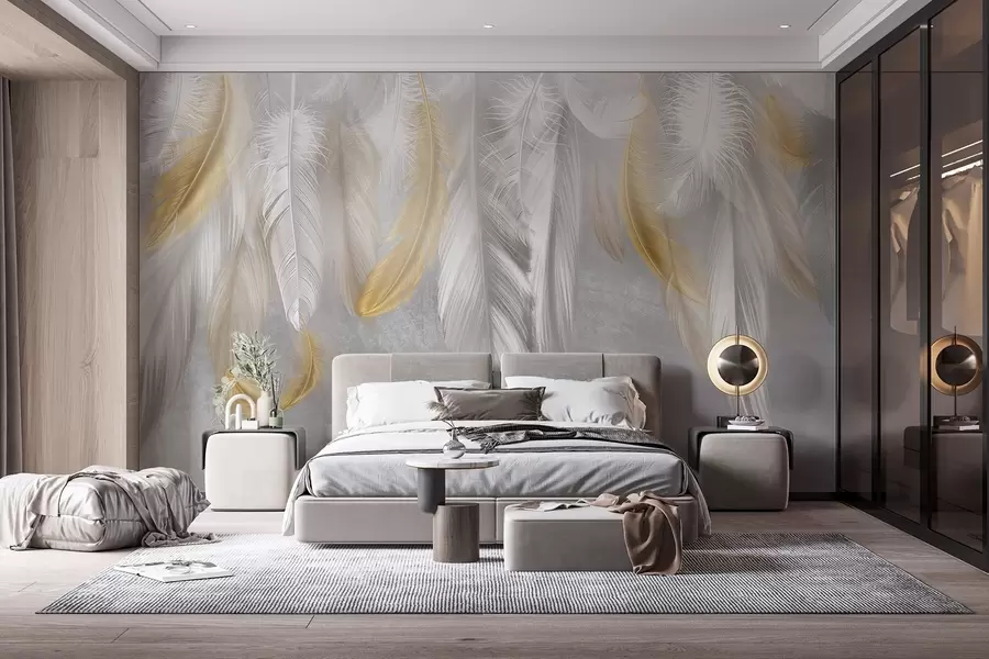 carta da parati Piume bianche e gialle sospese su un morbido sfondo grigio, per una composizione delicata e ariosa nr. w08670