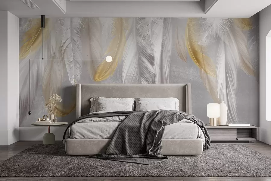 carta da parati Piume bianche e gialle sospese su un morbido sfondo grigio, per una composizione delicata e ariosa nr. w08670