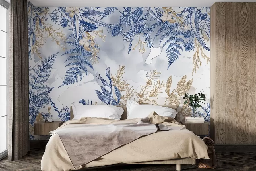 carta da parati Una stampa floreale con elementi botanici blu e gialli, su uno sfondo chiaro e morbido con effetti acquerello  nr. w08671