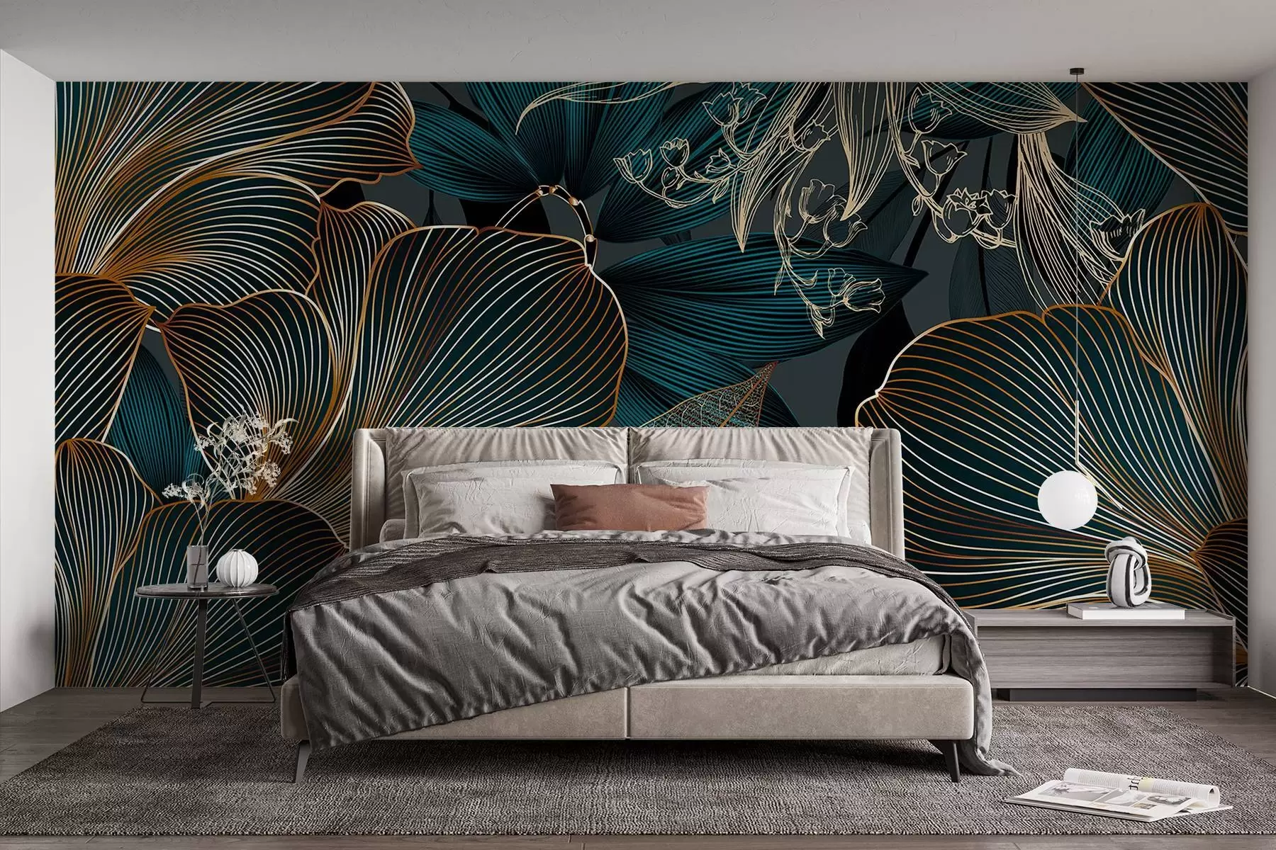 carta da parati Fiori e foglie stilizzati con un intricato lavoro di linee nei toni del verde acqua e del giallo su sfondo scuro nr. w08675