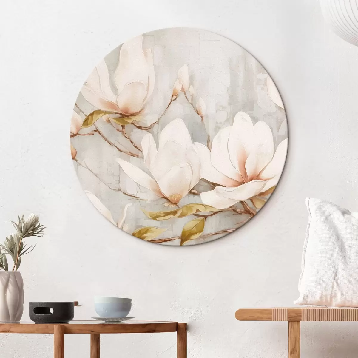 Quadri rotondi Tendenza ramo con fiori di magnolia r42632