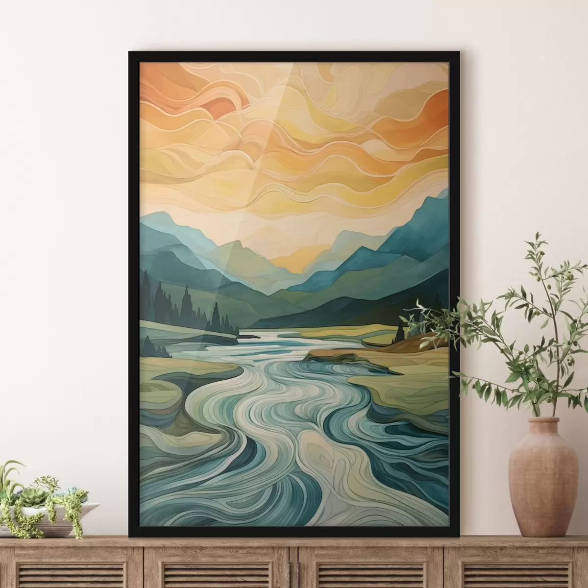 Poster Paesaggio con fiume in stile astratto f42652